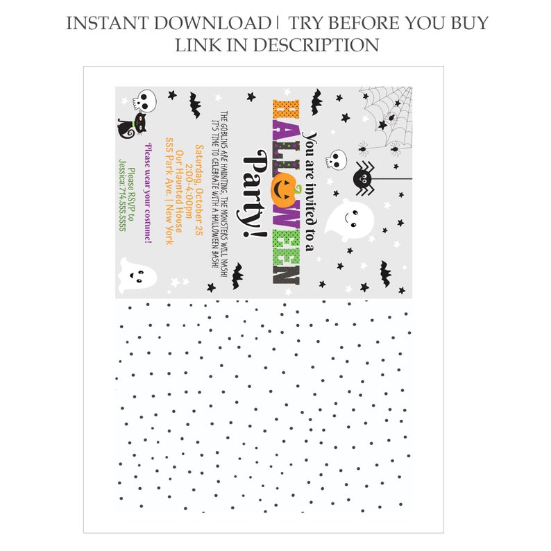 May include: A Halloween party invitation with a black and orange pumpkin, a ghost, bats, and stars on a gray background. The text reads "You are invited to a HALLOWEEN party!" and includes the date, time, and location of the party.