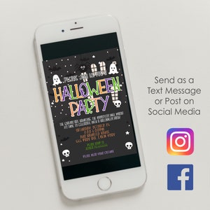 May include: A black and white Halloween party invitation with a ghost, bats, and a skull graphic. The text reads "Please join us for a Halloween Party". The invitation includes the date, time, and location of the party. It also says "Please wear your costume".