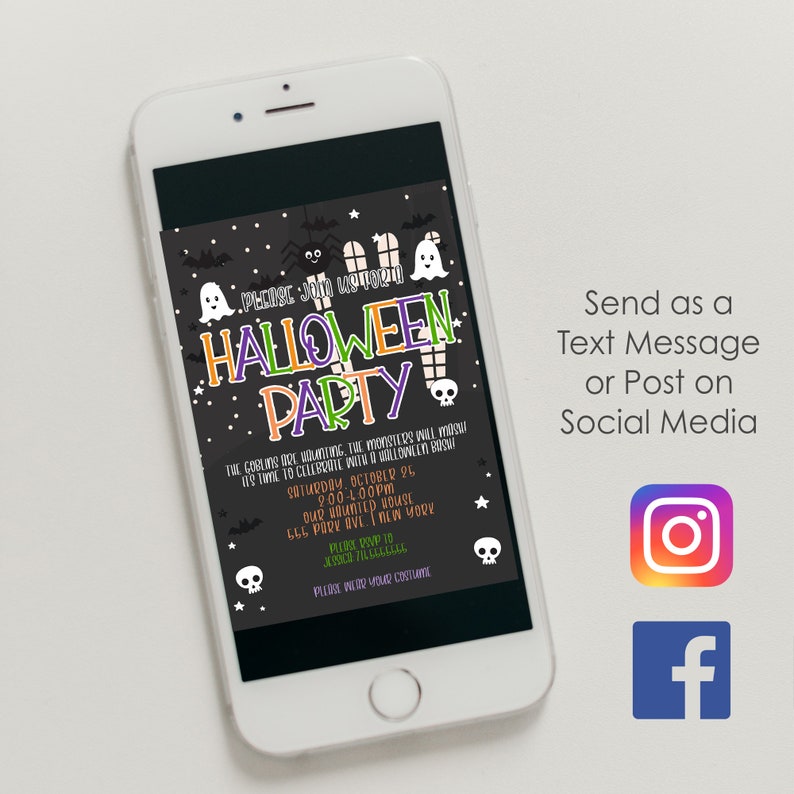May include: A black and white Halloween party invitation with a ghost, bats, and a skull graphic. The text reads "Please join us for a Halloween Party". The invitation includes the date, time, and location of the party. It also says "Please wear your costume".