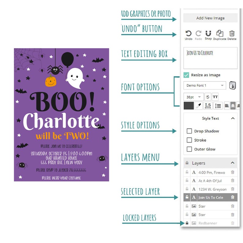 May include: A purple invitation featuring a ghost and a spider. The text reads "BOO! Charlotte will be TWO!" and includes details for a Halloween party. The image shows a screen with a design editor, with options for adding graphics, text, and layers.