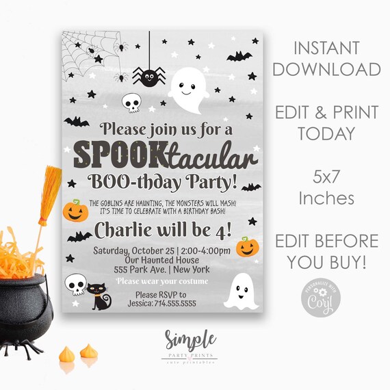 Editable Halloween Birthday Party Invitation, Kids Halloween Birthday, Printable Halloween Birthday Bash Invite, Spooktacular Bday, Gray Il_570xn