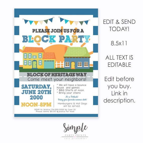 Editable Neighborhood Summer Block Party Invite, Custom Invitation, Meet Your Neighbors Flyer, Digital , Summertime BBQ, Instant Download Il_570xn