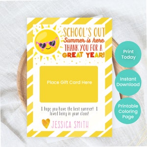 Plantilla imprimible para tarjetero de regalo de fin de año escolar, El verano está aquí, Ideas de regalos para profesores, Regalos para voluntarios y ayudantes de profesores