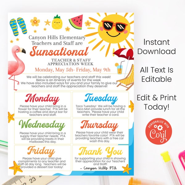 Teacher Appreciation Week Flyer, Printable Happy Sunny Beach Themed Handout Editable with Corjl Instant Download Print ItineraryToday