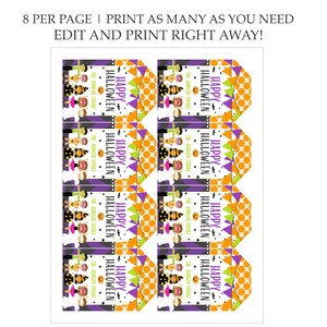 May include: Eight printable Halloween gift tags featuring a cartoon family dressed in costumes. The tags are orange, purple, and green with white polka dots. The text on the tags reads "Happy Halloween" and "The Johnson Family".