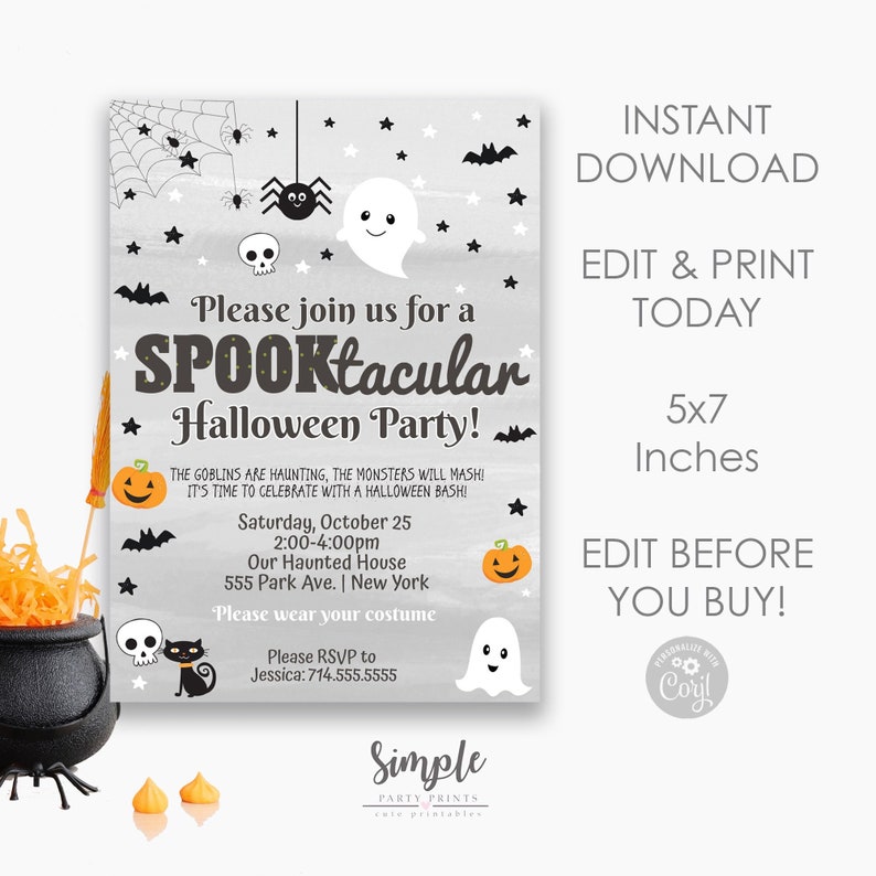 May include: A Halloween party invitation with a grey watercolour background. The invitation features a spider web, bats, stars, ghosts, and pumpkins. Text reads "SPOOKtacular Halloween Party!" and includes party details. The invitation is 12.7 x 17.8 cm.