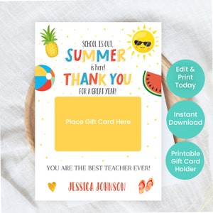 Afdrukbare sjabloon voor einde van het schooljaar cadeaukaarthouder, de zomer is hier, cadeau-ideeën voor leraren, cadeaus voor vrijwilligers en lerarenassistent