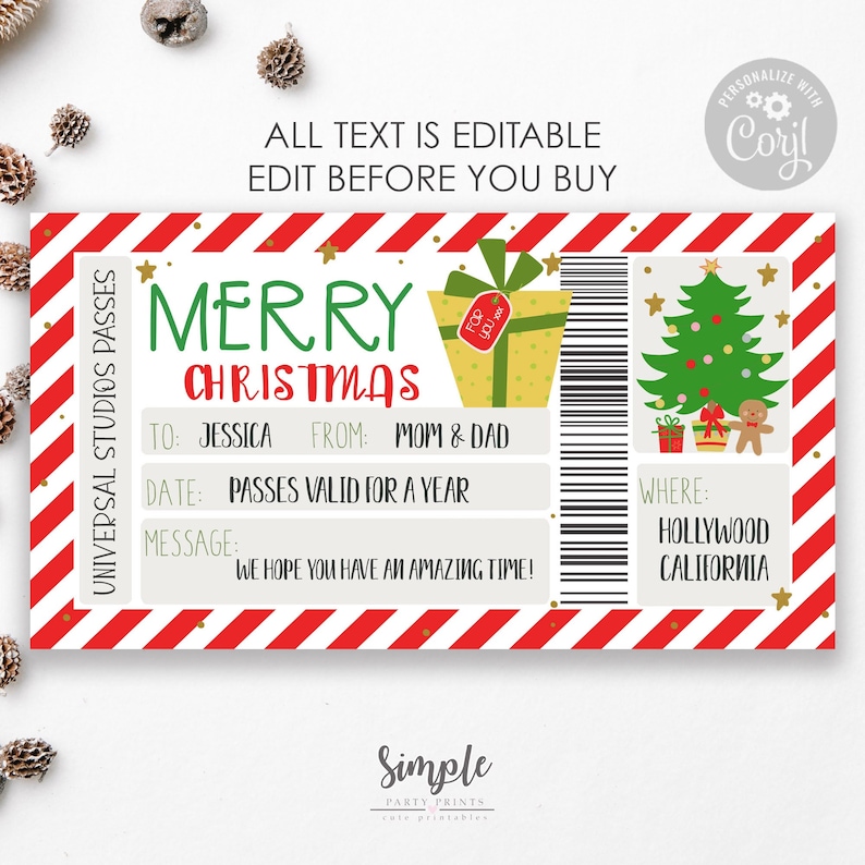 May include: Printable Christmas gift certificate for Universal Studios Hollywood passes. The certificate is red and white striped with a green Christmas tree and a gift box. The text reads "Merry Christmas" and includes editable fields for "To", "From", "Date", and "Message".