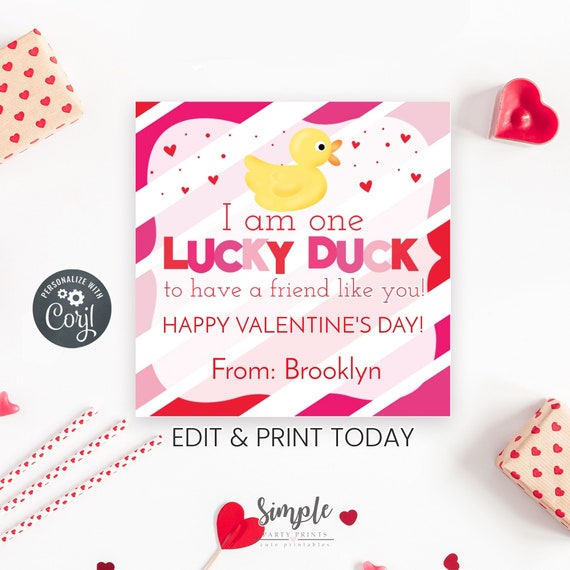 Printable Lucky Duck Valentine's Day Tags, Classroom Exchange Cards for Kids, Non-Candy Valentine, Editable With Corjl, Instant Download Il_570xn
