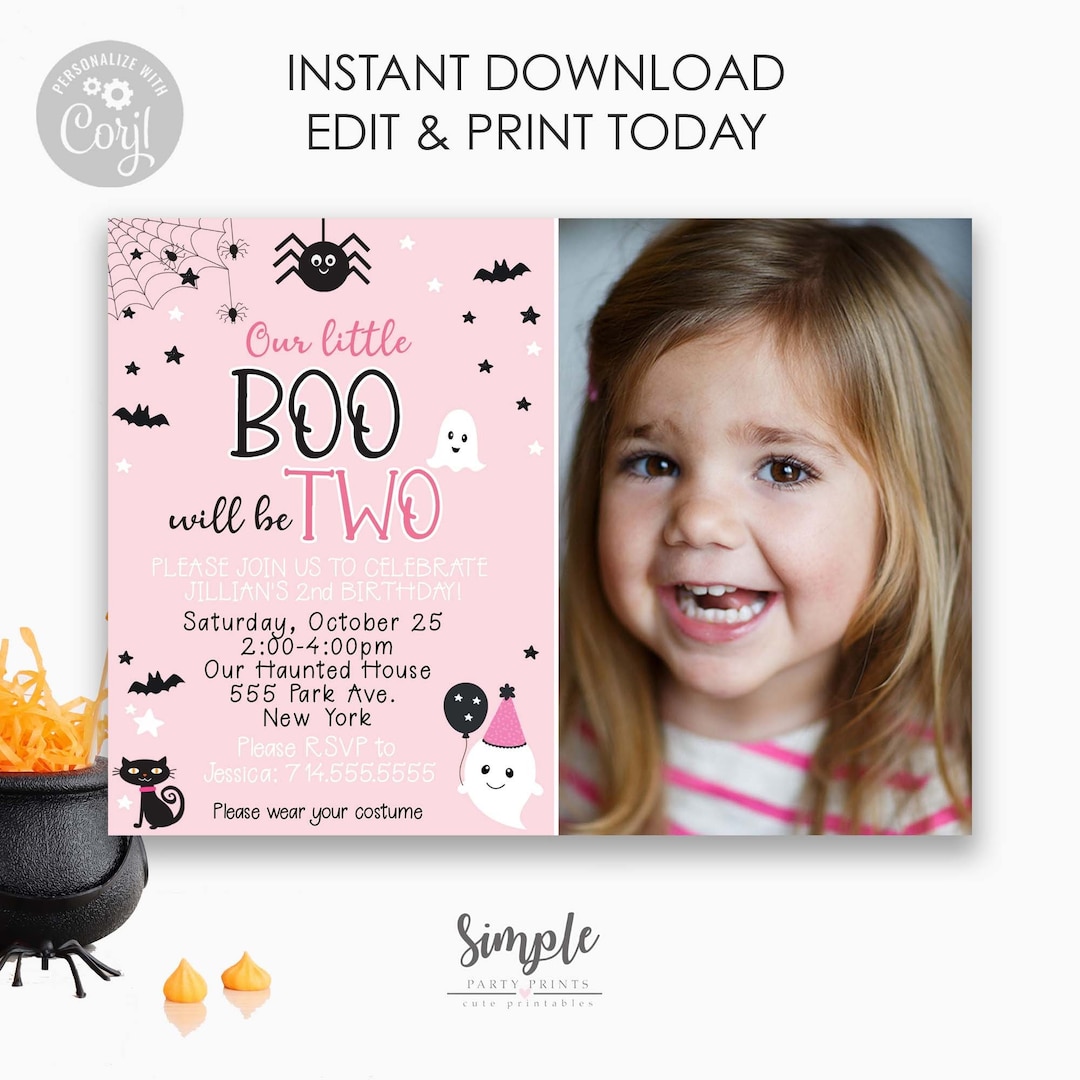 Editable Pink Halloween Birthday Invitation With Picture, Kids