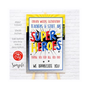 Editable 20x30 Inch SuperHero Poster, Teacher Appreciation Week Ideas,  Super Hero Poster Board, Printable Welcome Poster Instant Download