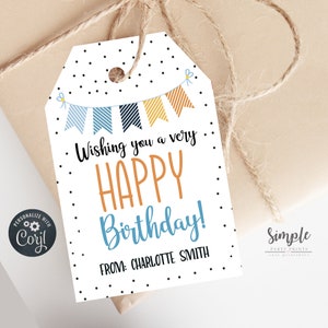Etiqueta de feliz aniversário para impressão, ideias de presentes de aniversário editáveis para amigos e família, etiquetas de presente editáveis, etiqueta de favor personalizada, etiquetas personalizadas