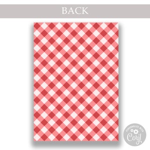May include: A rectangular card featuring a red and white gingham design. The word "BACK" is printed in a light grey font at the top. The bottom right corner has a small white circle with the text "PERSONALIZE WITH Corjl!"