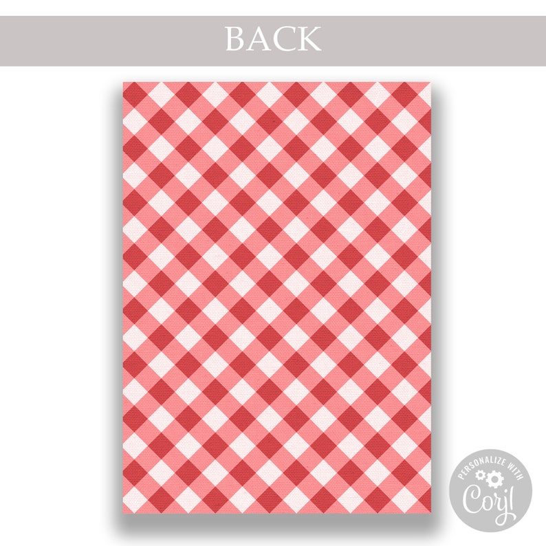 May include: A rectangular card featuring a red and white gingham design. The word "BACK" is printed in a light grey font at the top. The bottom right corner has a small white circle with the text "PERSONALIZE WITH Corjl!"