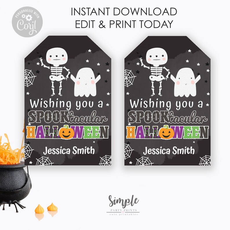 May include: Two printable Halloween gift tags with a black chalkboard background. The tags feature a skeleton and ghost with the text "Wishing you a SPOOKtacular HALLOWEEN" and a space for a name.