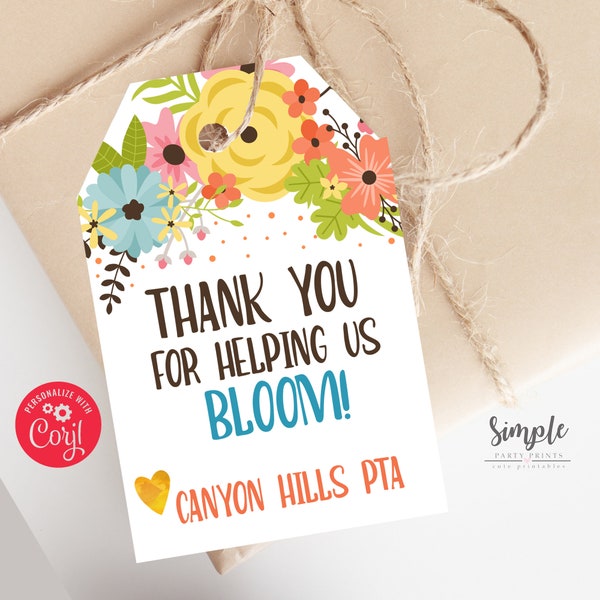 Printable Floral Thank You Tags, Teacher Appreciation Favor Tag, Thanks for helping us bloom, Editable with Corjl, Gifts for Volunteers