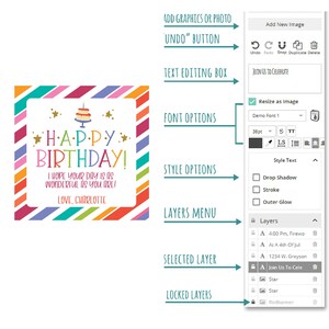 Op de afbeelding: Een kleurrijke verjaardagskaart met een gestreepte achtergrond en een taart met kaarsen. De kaart zegt "Happy Birthday! Ik hoop dat je dag net zo geweldig is als jij! Liefs, Charlotte".