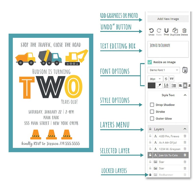 May include: A blue and yellow birthday invitation with a construction theme. The invitation says "Stop the traffic, close the road" and "Hudson is turning two years old!" The invitation also includes a date, time, and location for the party.