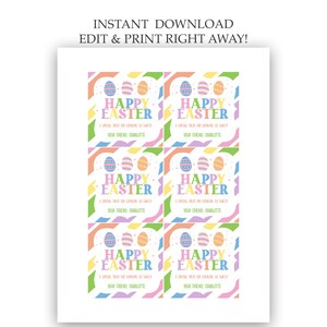 Puede incluir: Seis etiquetas de regalo imprimibles con un dise&ntilde;o de huevo de Pascua colorido con el texto "Feliz Pascua" y un mensaje personalizado. Las etiquetas son perfectas para agregar un toque festivo a los regalos de Pascua.