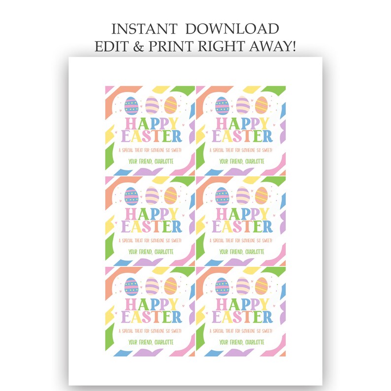 Puede incluir: Seis etiquetas de regalo imprimibles con un dise&ntilde;o de huevo de Pascua colorido con el texto "Feliz Pascua" y un mensaje personalizado. Las etiquetas son perfectas para agregar un toque festivo a los regalos de Pascua.