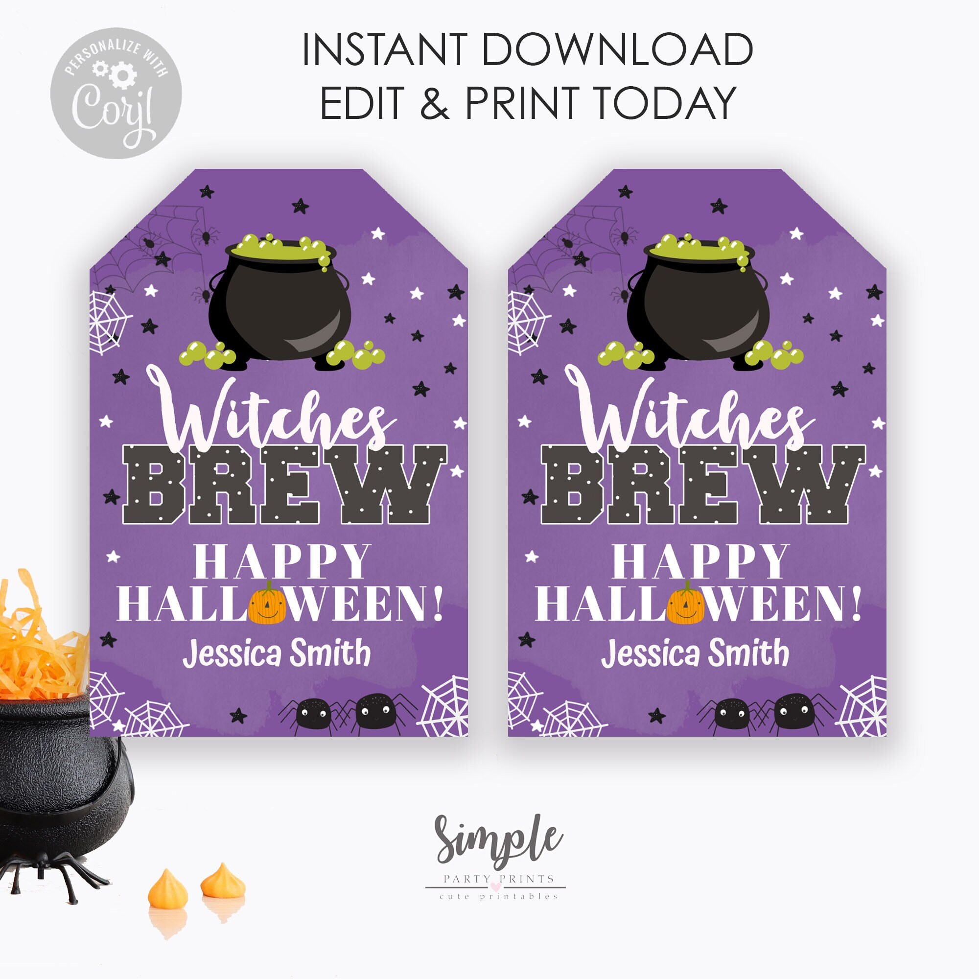 Etiquetas de presente de vinho para cerveja de bruxas editáveis, etiqueta de Halloween para impressão, etiquetas de vinho personalizadas, ideias de presentes para o Halloween, presentes para amigos, etiqueta de bebida