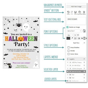 Peut inclure: Un mod&egrave;le de conception num&eacute;rique pour une invitation &agrave; une f&ecirc;te d'Halloween. L'invitation pr&eacute;sente un chat noir, un fant&ocirc;me, une araign&eacute;e, des chauves-souris et des &eacute;toiles sur un fond gris. Le texte indique "Vous &ecirc;tes invit&eacute; &agrave; une f&ecirc;te d'Halloween !" et comprend des d&eacute;tails sur la f&ecirc;te, tels que la date, l'heure et le lieu. L'image montre &eacute;galement une capture d'&eacute;cran d'un programme de conception avec des options pour modifier l'invitation, telles que l'ajout de graphiques, de texte et de style.