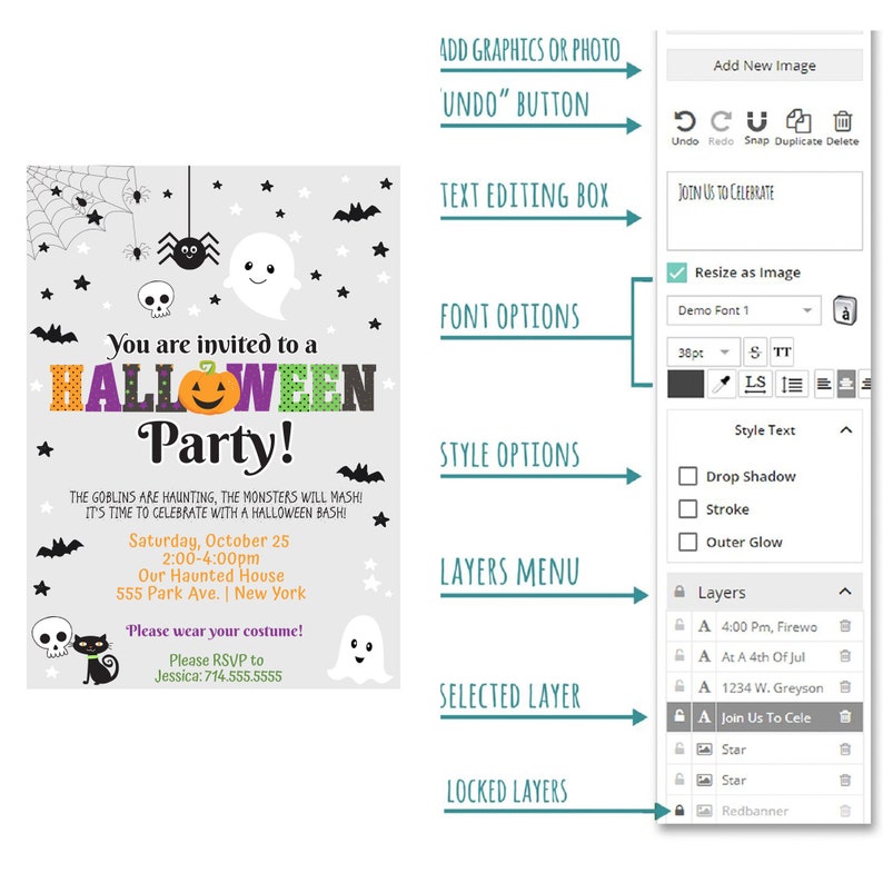 Peut inclure: Un mod&egrave;le de conception num&eacute;rique pour une invitation &agrave; une f&ecirc;te d'Halloween. L'invitation pr&eacute;sente un chat noir, un fant&ocirc;me, une araign&eacute;e, des chauves-souris et des &eacute;toiles sur un fond gris. Le texte indique "Vous &ecirc;tes invit&eacute; &agrave; une f&ecirc;te d'Halloween !" et comprend des d&eacute;tails sur la f&ecirc;te, tels que la date, l'heure et le lieu. L'image montre &eacute;galement une capture d'&eacute;cran d'un programme de conception avec des options pour modifier l'invitation, telles que l'ajout de graphiques, de texte et de style.