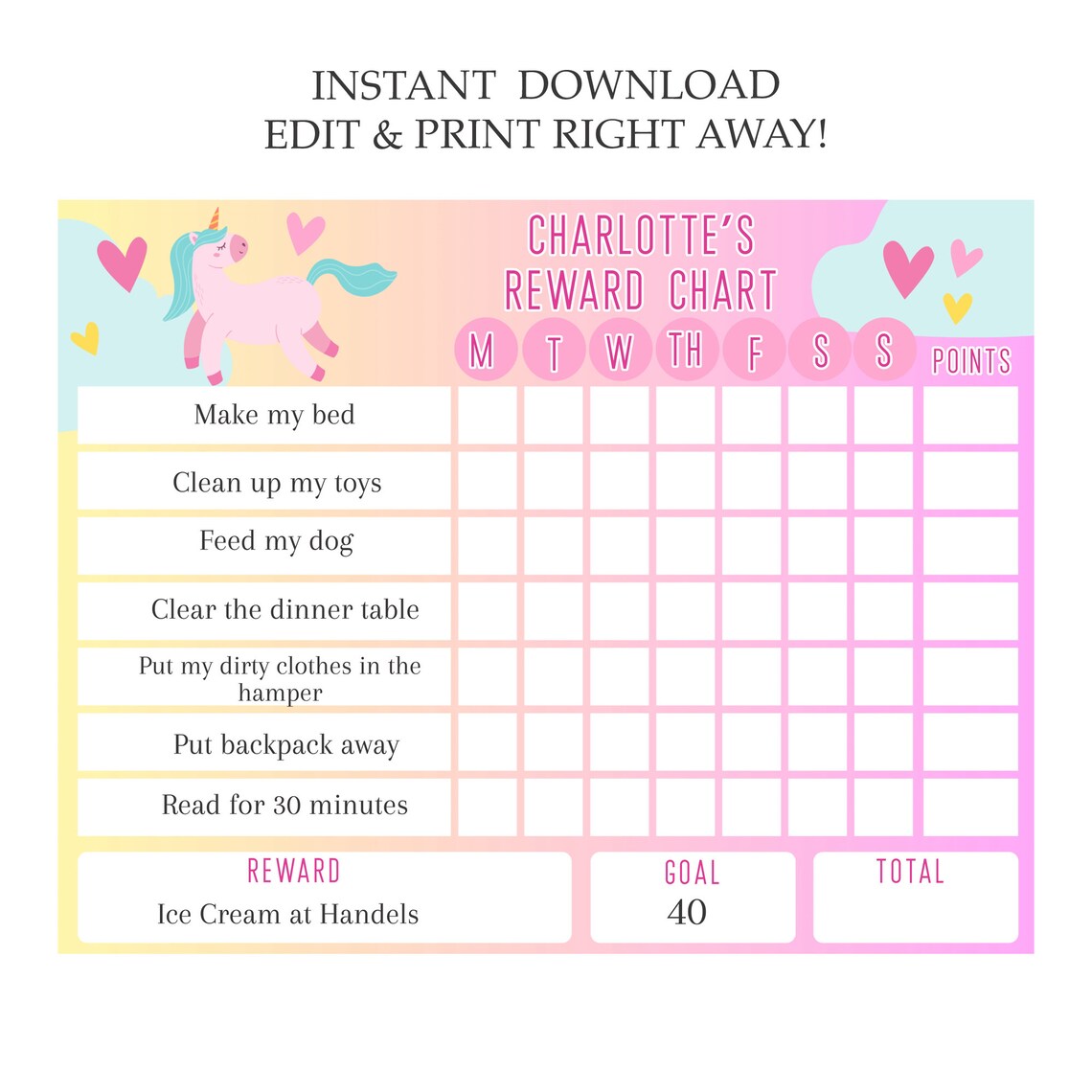Kids Reward Chart - Printable Chore Charts for Children - Editable ...