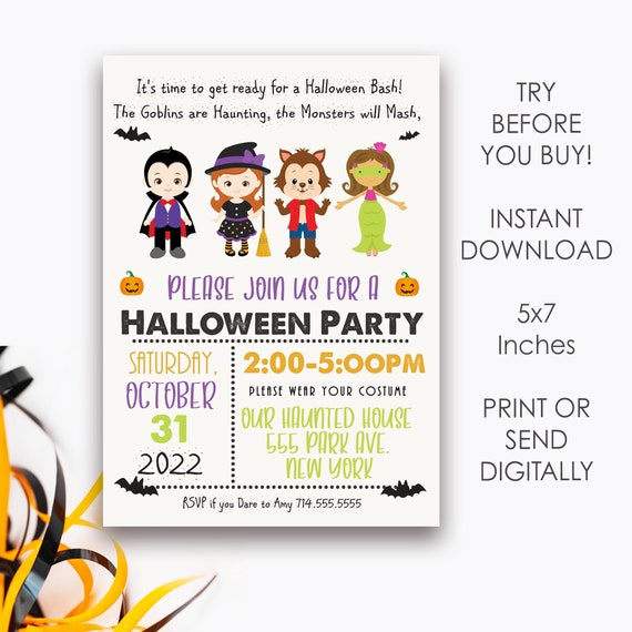 Editable Halloween Party Invitation for Kids, Halloween Monster Bash, Printable Halloween Bash Invite, Costume Dress up Party, Instant Il_570xn