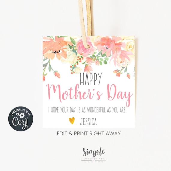 Printable Mother's Day Tag, Happy Mothers Day Gift Ideas for friends, Editable Gift Tags, Water Color Flowers Favor Tag, Gifts for Mom Moms