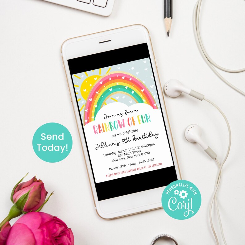 May include: A digital invitation for a child's birthday party. The invitation features a rainbow with a sun and clouds. The text reads "Join us for a Rainbow of Fun as we celebrate Jillian's 8th Birthday".