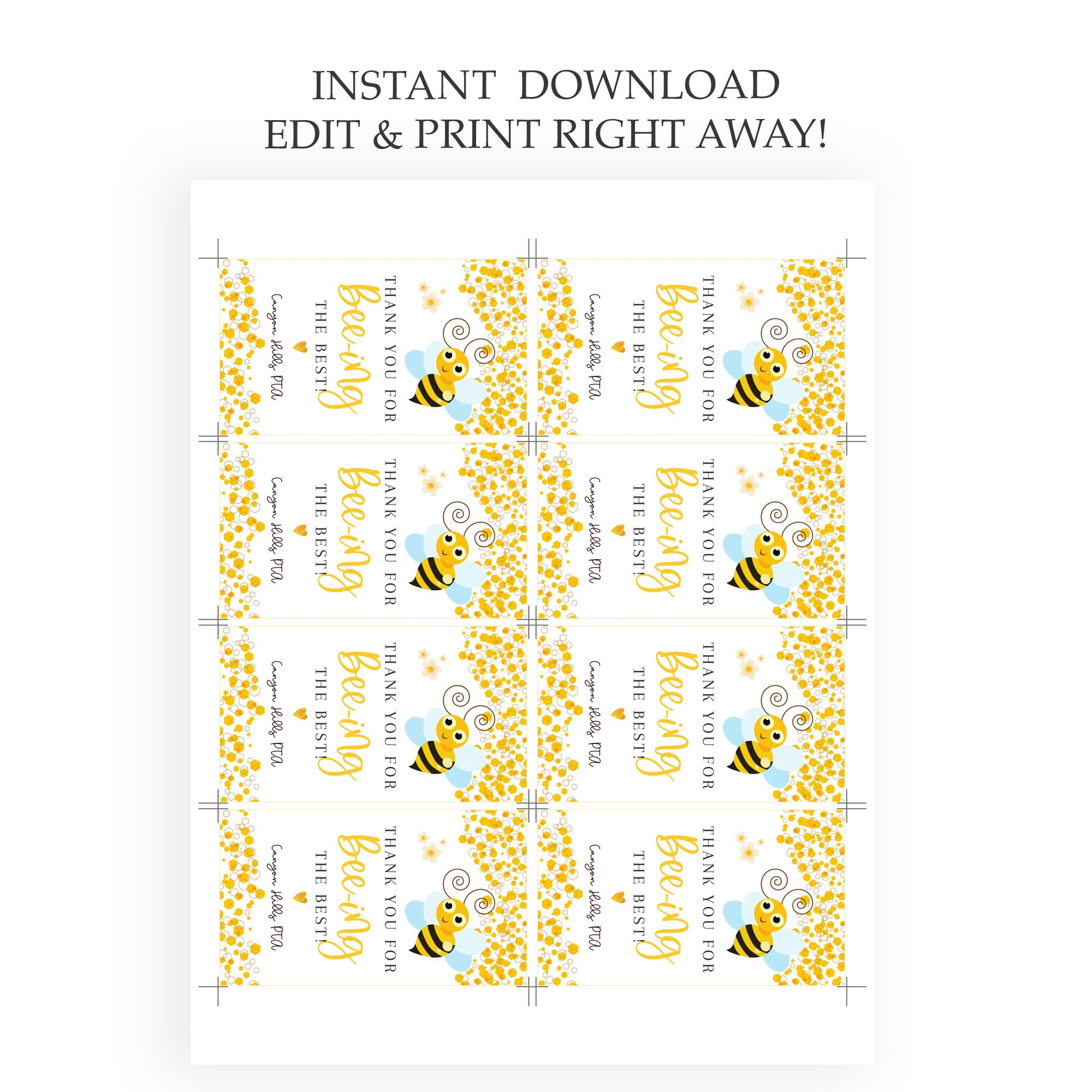 Bumble Bee Teacher Appreciation Tags, Printable Thank You for Beeing ...