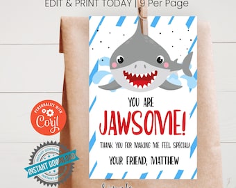Printable Shark Tags, Gifts For Friends, You are Jawsome, Editable Birthday Party Favor Tags, Personalized Tags Children's Bday Party