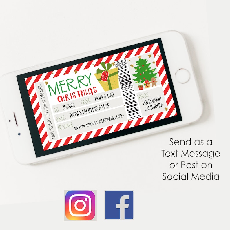 May include: A digital image of a printable Christmas gift certificate for Universal Studios passes. The certificate is red and white striped with a green Christmas tree and a gift box. The text reads "Merry Christmas" and "Passes valid for a year".