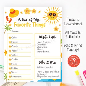 Może przedstawiać: Drukowana karta pracy z motywem letnim. Karta pracy ma tytuł "A Few of My Favorite Things" i zawiera sekcje "Lista życzeń", "O mnie" oraz listę osobistych preferencji. Karta pracy jest ozdobiona słońcem, kwiatami i gwiazdami.