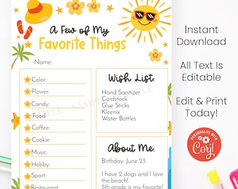 Printable Teachers Favorite Things Template, Sunsational Beach Themed Handout Editable with Corjl Instant Download Print Today