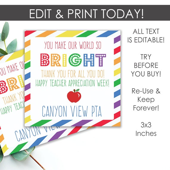 Editable Teacher Appreciation Tags, Colorful Themed Tags, Printable Rainbow Favor Gift Tag, Teacher Appreciation Week, Instant Download Il_570xn