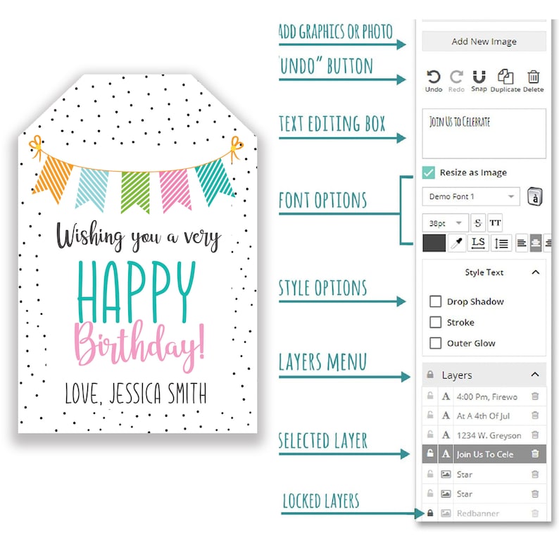 Pode incluir: Um cart&atilde;o de anivers&aacute;rio branco com um design de faixa colorido e o texto "Wishing you a very HAPPY Birthday! LOVE, JESSICA SMITH". O cart&atilde;o &eacute; mostrado em um programa de design digital com ferramentas de edi&ccedil;&atilde;o.