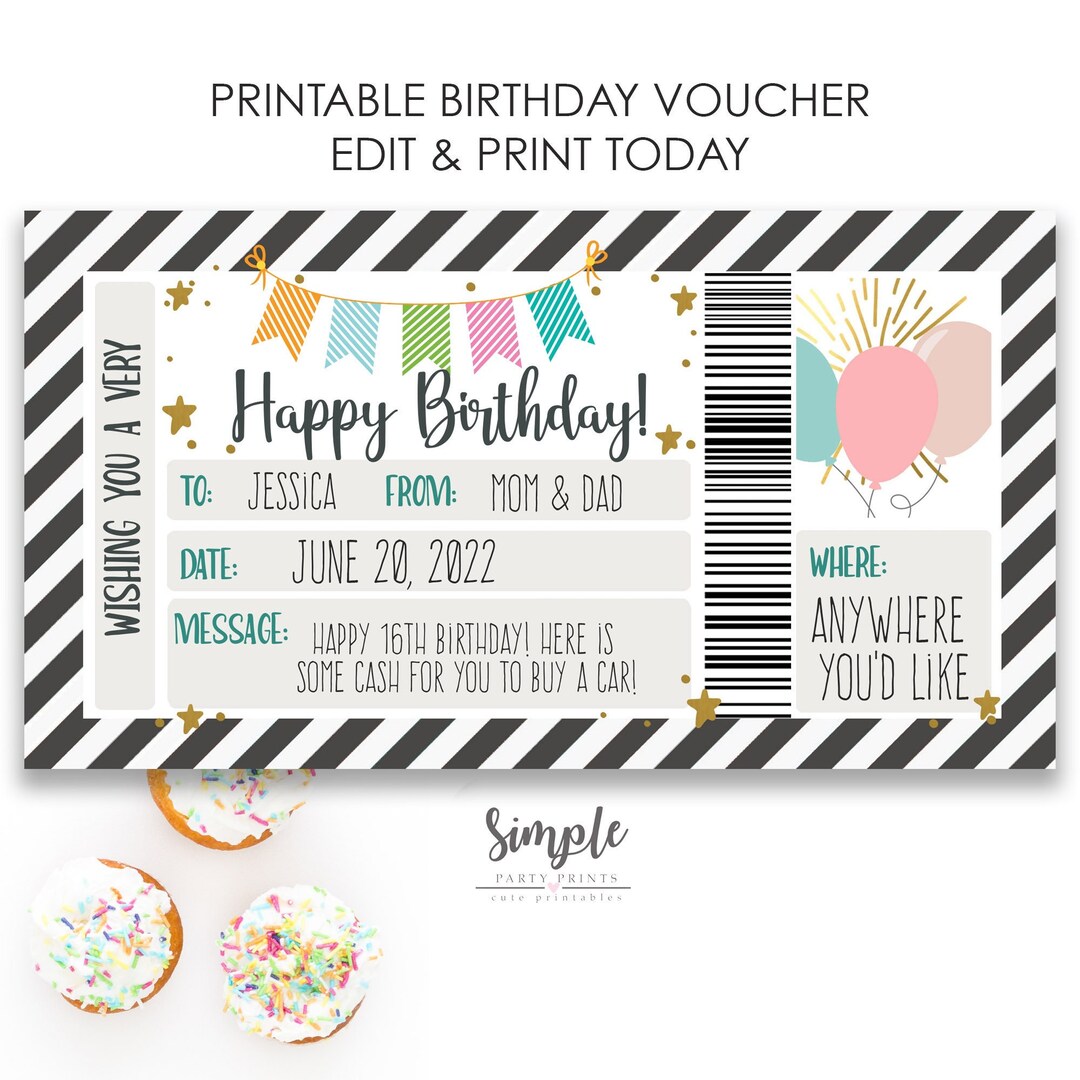 Editable Birthday Gift Voucher Printable Bday Certificate Template 