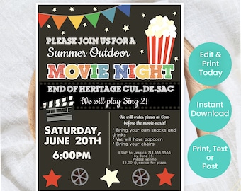 Flyer för filmkväll, redigerbar inbjudan till film i parken, digital mall för grannskapsfilmkväll, inbjudan till utomhusfilm, direktnedladdning