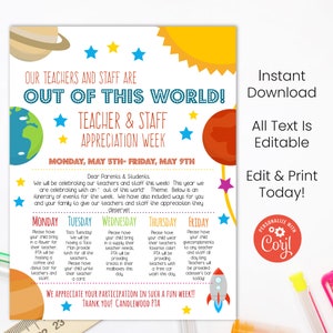 Bearbeitbarer Lehrer Anerkennungs Woche Flyer, druckbare TAW Anleitung Flyer, nicht von dieser Welt Thema, Instant Space und Planeten Flyer