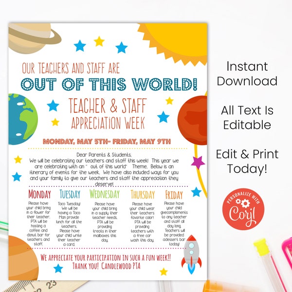 Editable Teacher Appreciation Week Flyer, Printable TAW Instructions Flyers, Out of this World Theme, Instant Space and Planets Flyer