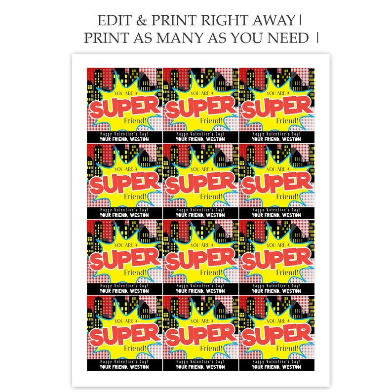 K&ouml;nnte beinhalten: Ein Bogen mit Valentinstagskarten im Comic-Stil. Jede Karte zeigt das Wort "SUPER" in einem gelben Ausbruch, mit dem Text "YOU ARE A Friend!" und "Happy Valentine's Day! YOUR FRIEND, WESTON" vor einem Stadtbild.
