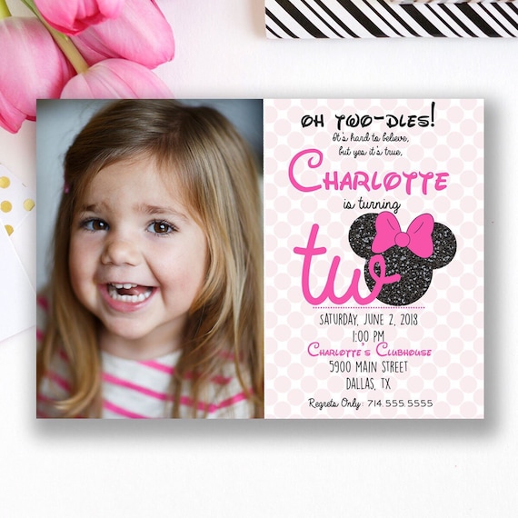 Minnie Mouse Birthday Invitations | Minnie Mouse Bowtique Party Invitations | black and Pink | Oh Toodles | Oh Two-dles, 2nd First Birthday Il_570xn