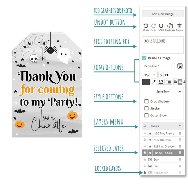 May include: A digital design template for a Halloween party invitation. The template features a grey tag with a black spider web, bats, a skull, a ghost, and pumpkins. The text on the tag reads "Thank You for coming to my Party! Love Charlotte". The image also shows a digital design interface with options for adding graphics, text, and layers.