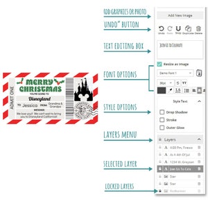 May include: A red and white striped ticket with the text "Merry Christmas You're Going To Disneyland" and a black silhouette of the Disneyland castle. The ticket is labeled "Admit One" and has a space for a name, message, and from. The ticket is also labeled "Approved By Santa Claus".