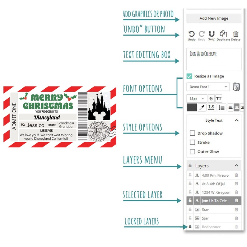 May include: A red and white striped ticket with the text "Merry Christmas You're Going To Disneyland" and a black silhouette of the Disneyland castle. The ticket is labeled "Admit One" and has a space for a name, message, and from. The ticket is also labeled "Approved By Santa Claus".