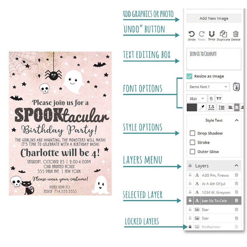 K&ouml;nnte beinhalten: Eine rosafarbene und schwarze Halloween-Geburtstagseinladung mit einem Geist und einer Spinne. Die Einladung lautet "Bitte schlie&szlig;en Sie sich uns zu einer SPOOKtacular Geburtstagsparty an!" und "Charlotte wird 4!"
