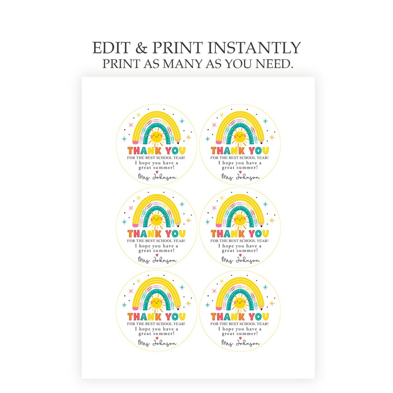 Editable Last Day of School Printable Gift Tags Thank You Teacher Gift ...