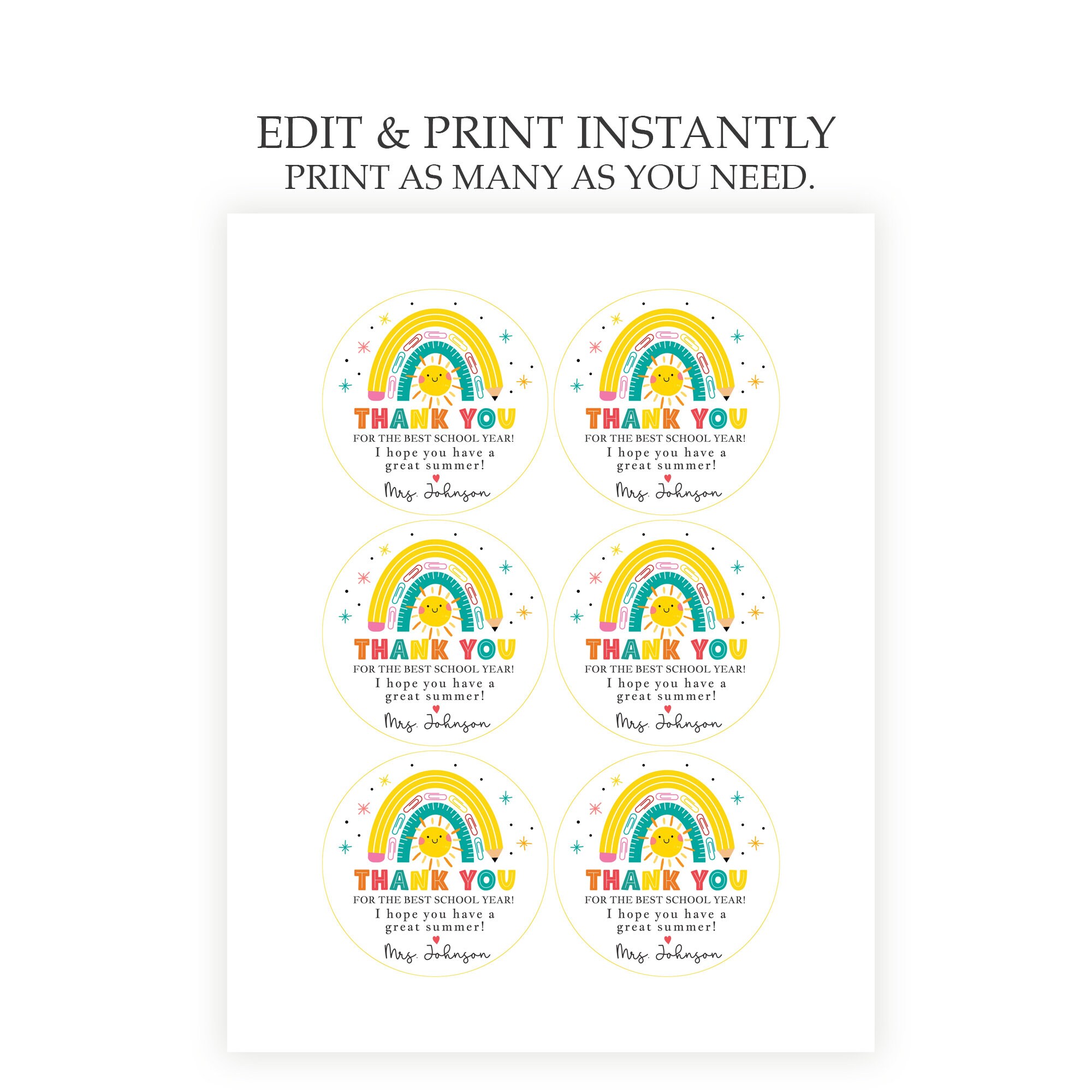 Editable Last Day of School Printable Gift Tags Thank You Teacher Gift ...